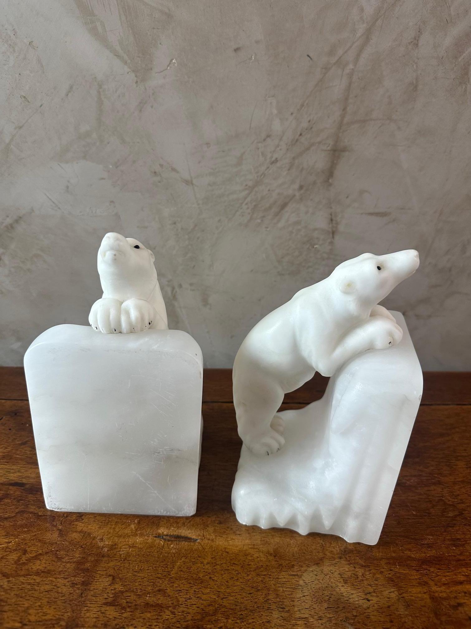 20th century French Art Deco Alabaster Polar Bear Bookends, 1930s 6