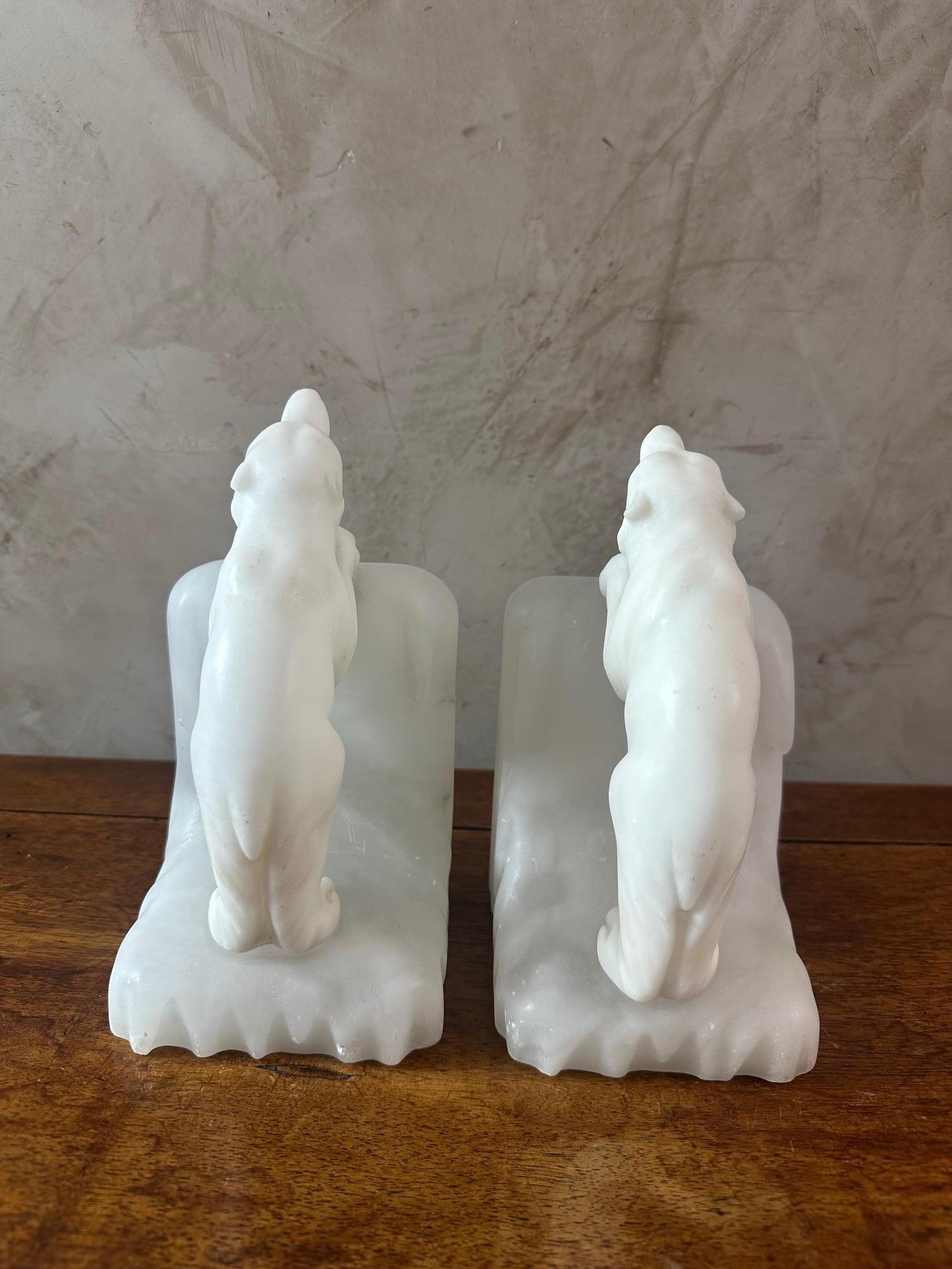 20th century French Art Deco Alabaster Polar Bear Bookends, 1930s 1