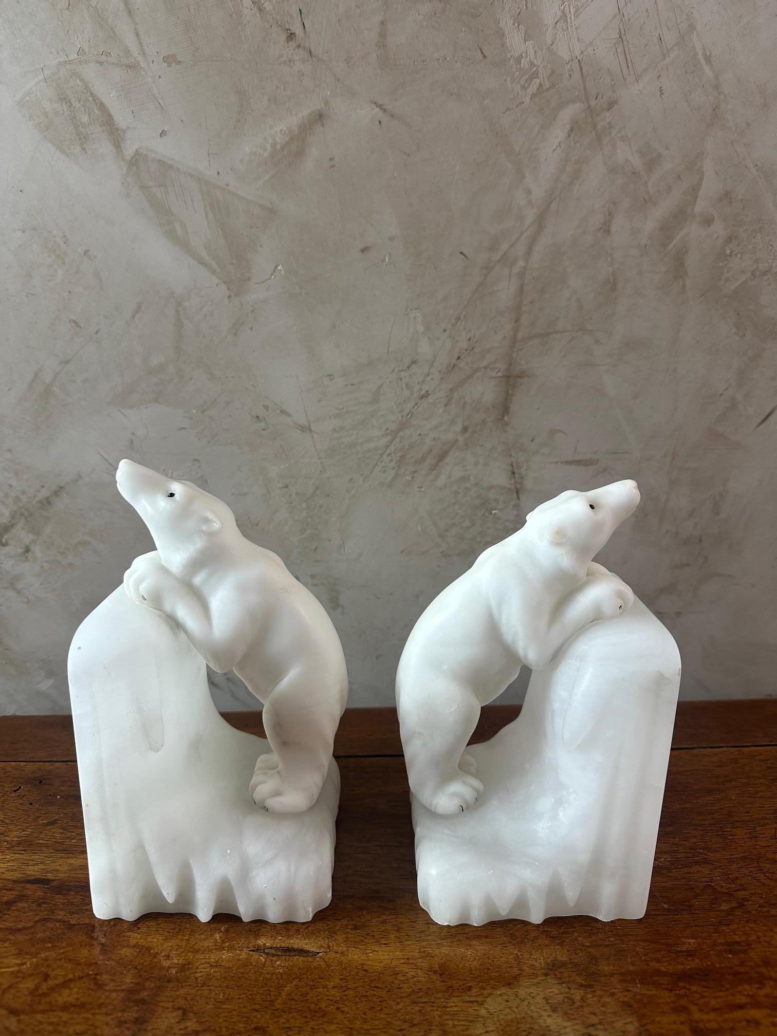 20th century French Art Deco Alabaster Polar Bear Bookends, 1930s 2