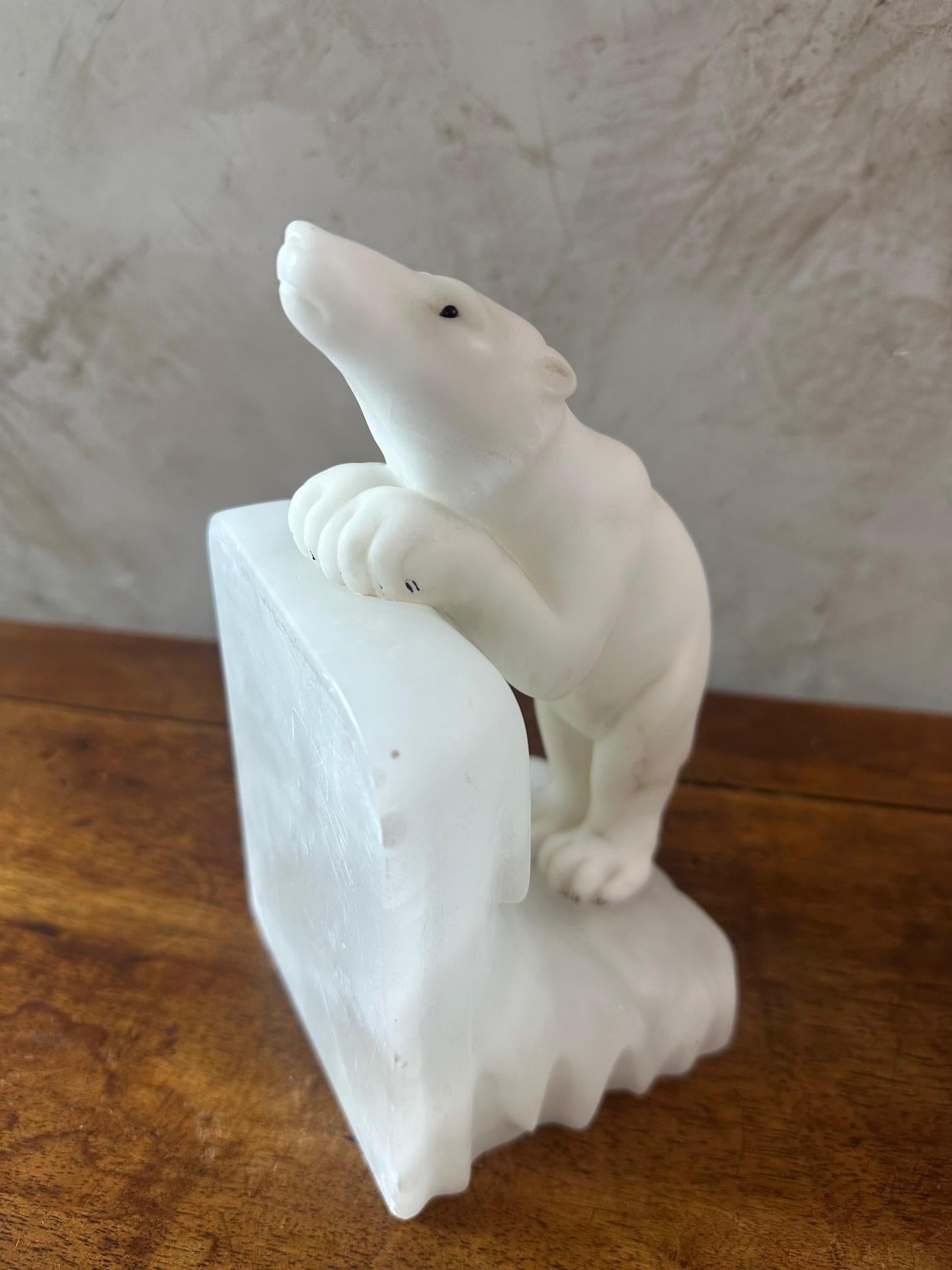 20th century French Art Deco Alabaster Polar Bear Bookends, 1930s 3