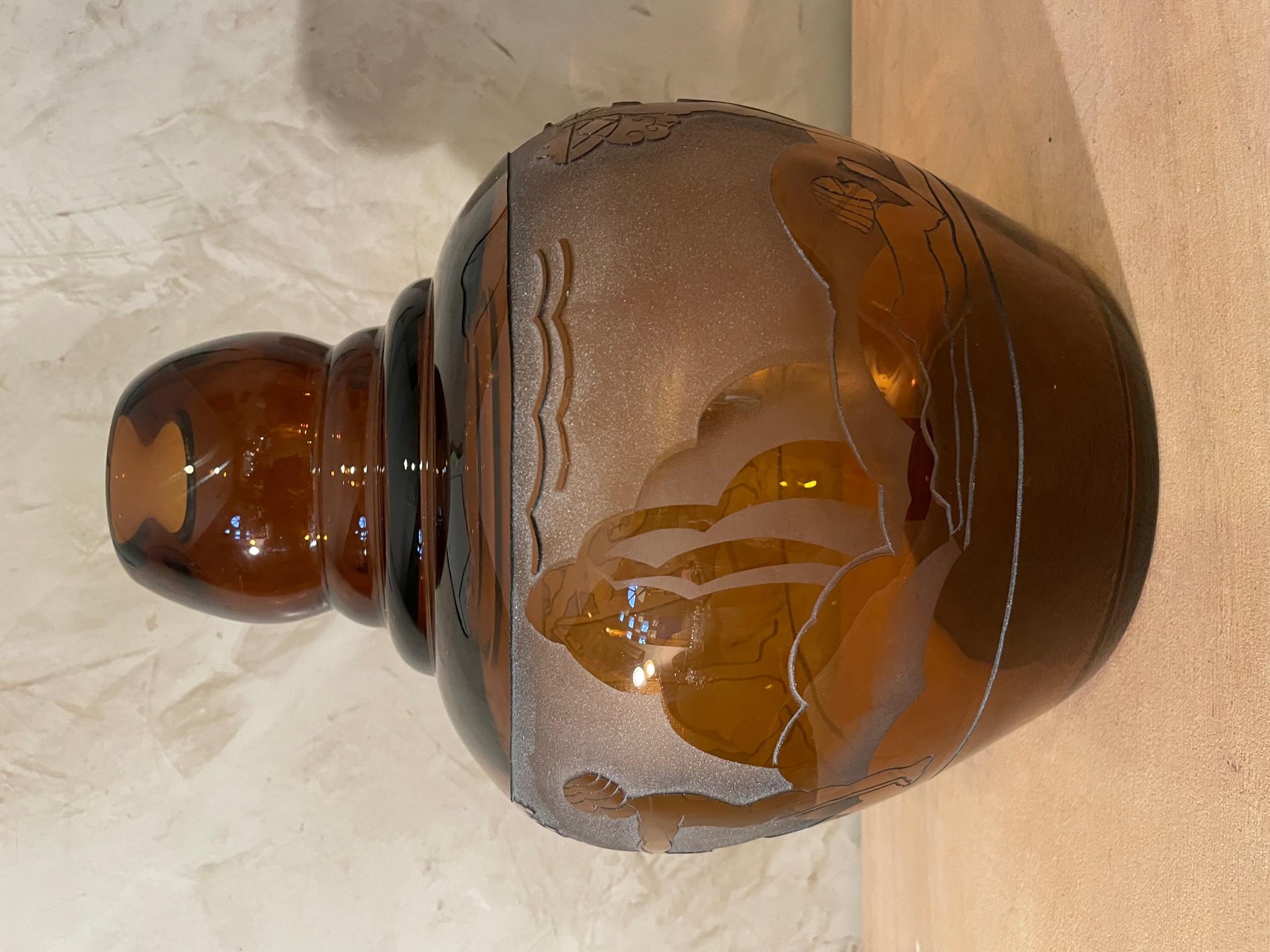 Etched 20th Century French Art Deco Amber Glass Vase, 1930s For Sale