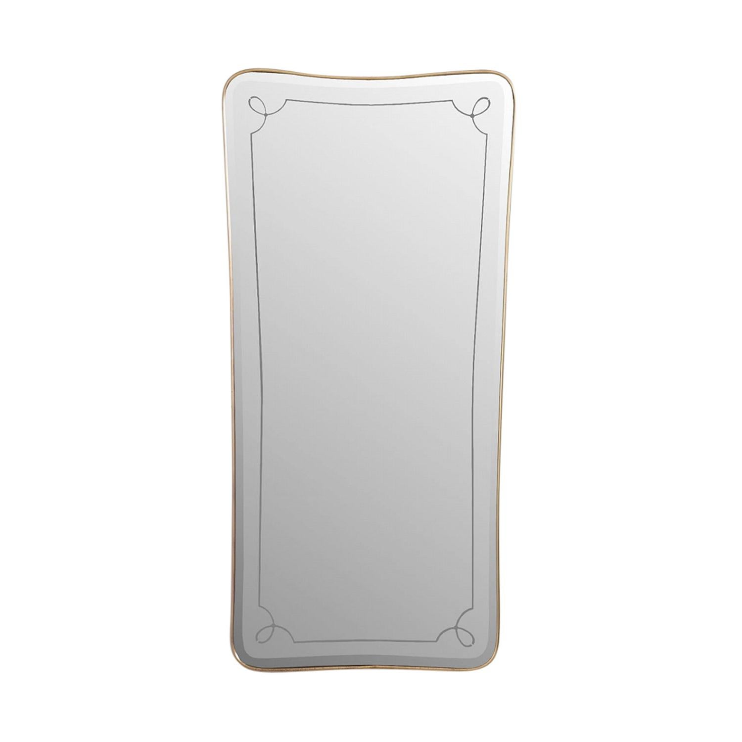 A gold, late vintage Art Deco French asymmetrical wall mirror made of handcrafted polished brass with its original mirrored glass, in good condition. The Parisian wall décor mirror is particularized with soft ornamental lines. Wear consistent with