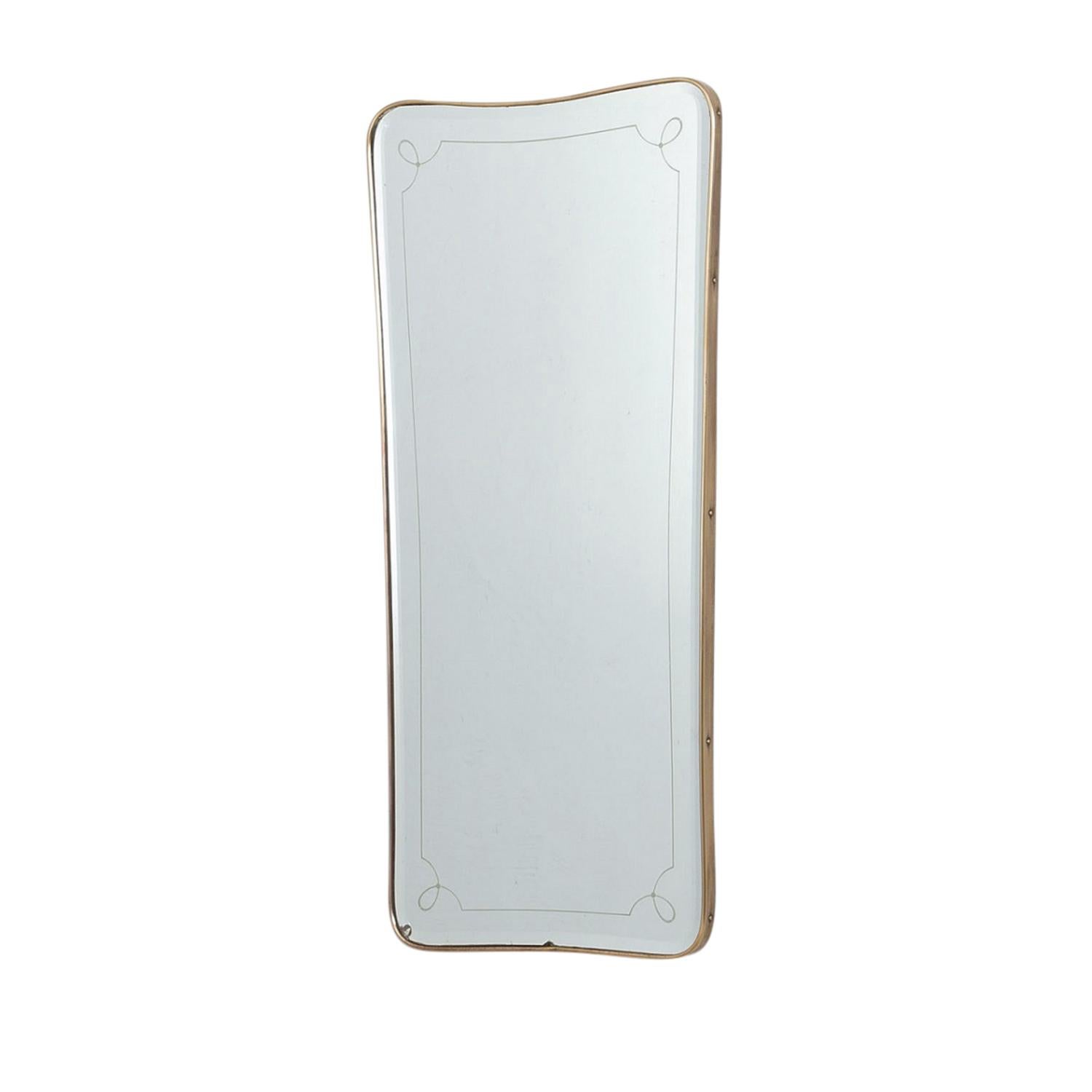 Polished 20th Century French Art Deco Asymmetrical Brass Wall Glass Mirror, Vintage Décor For Sale