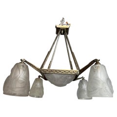 20th century French Art deco Bronze and Opaline Glass Chandelier, 1930s