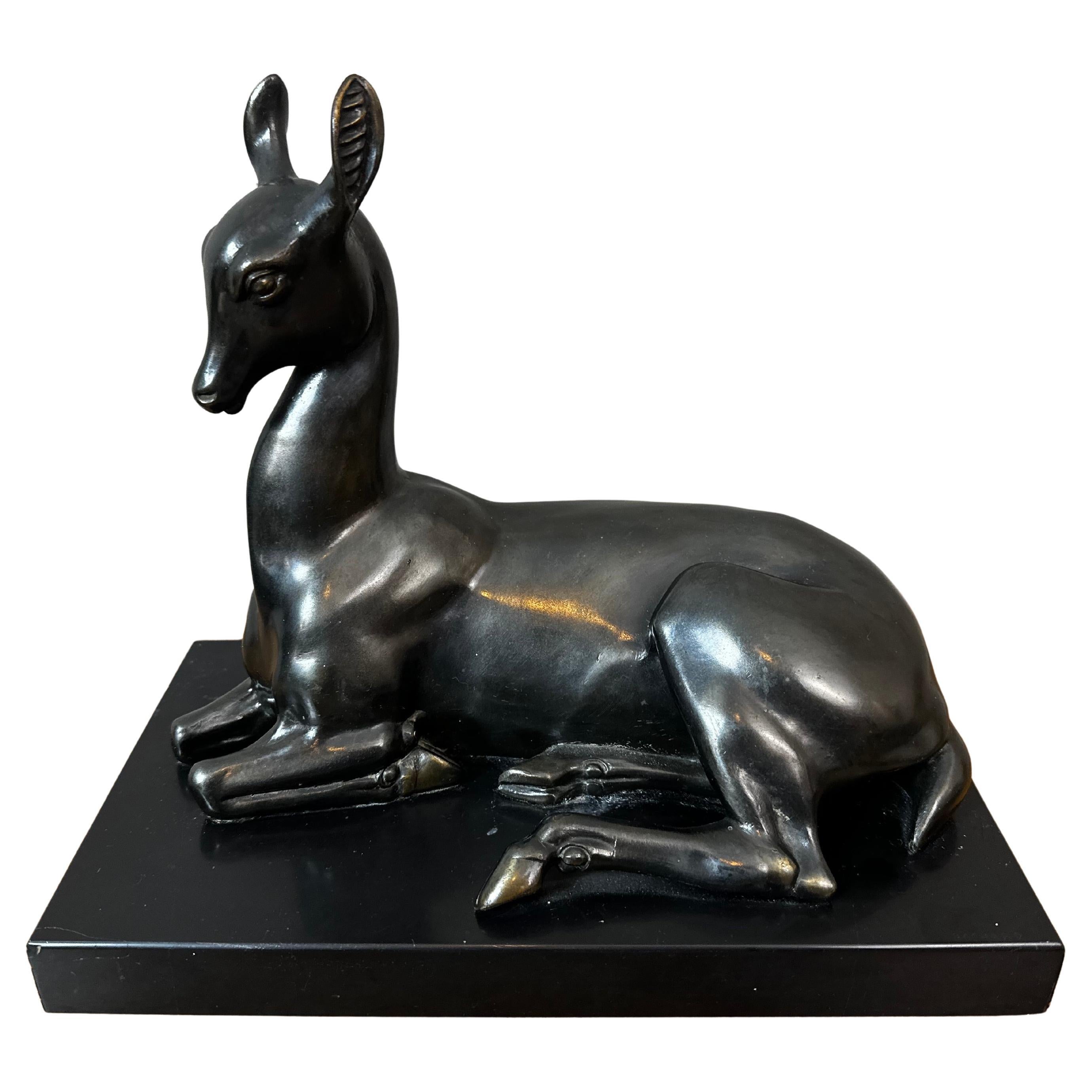 20th century French Art Deco Bronze Doe Sculpture by Irénée Rochard