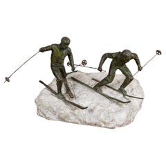 20th Century French Art Deco Bronze Skiers On White Stone Base, R David c.1920