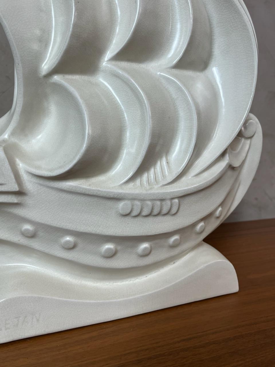 20th century French Art deco Ceramic LeJan Boat, 1930s For Sale 5
