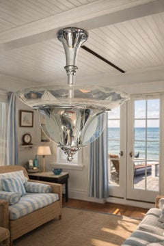 20th century French Art Deco Chromed Metal and Glass Chandelier, 1930s