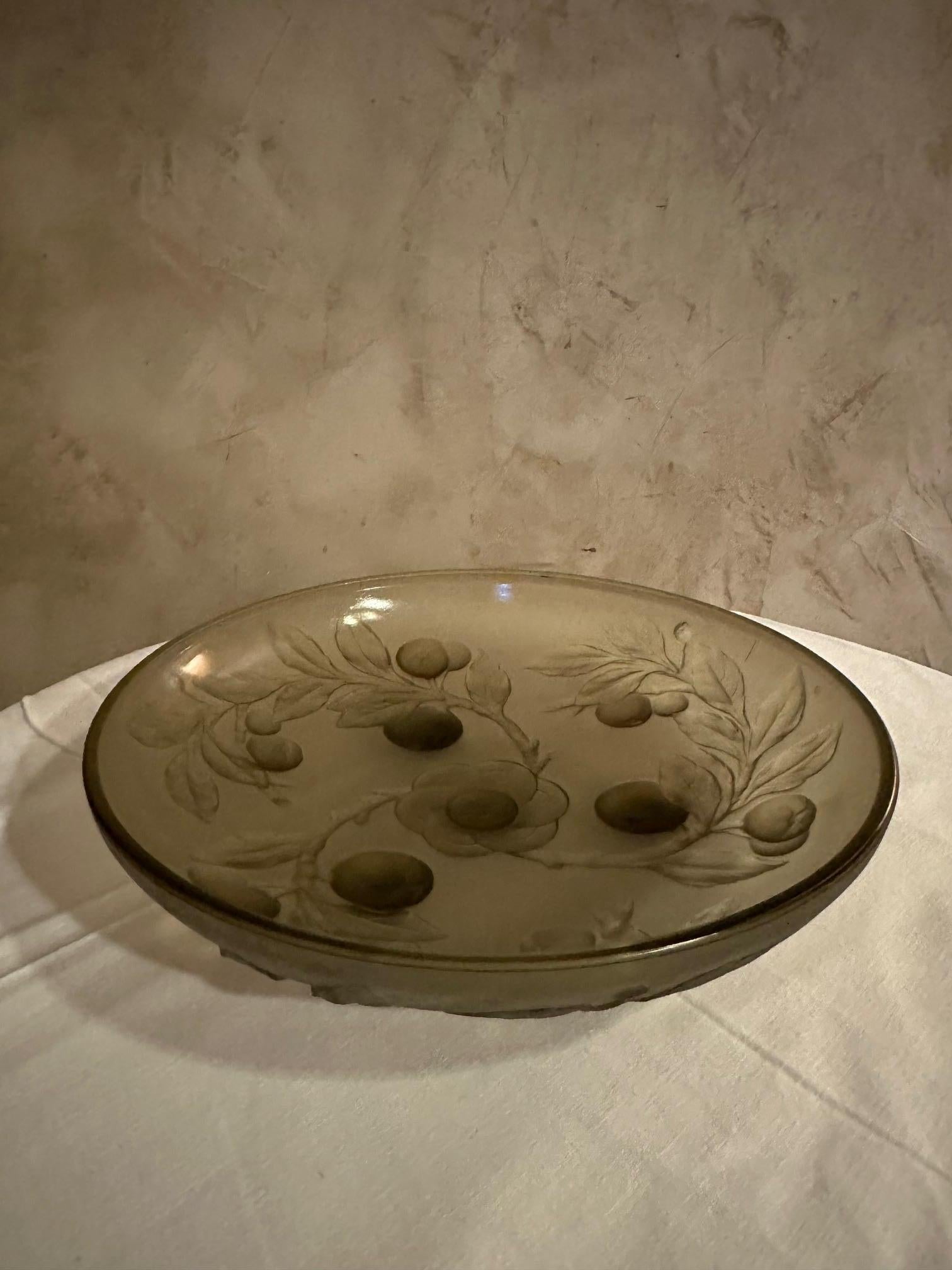 Large sandblasted glass fruit bowl with embossed flower and fruit motif. 1930s art deco style. Good quality and good condition.