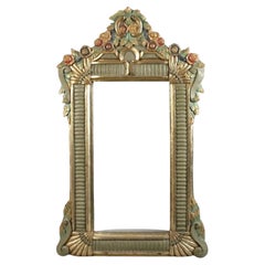 20th Century French Art Deco Hand Carved Wooden Mirror in Colourful Frame