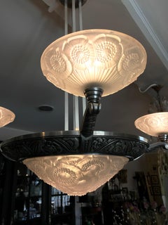 20th Century French Art Deco Iron and Anemone Glass Chandelier, 1930s