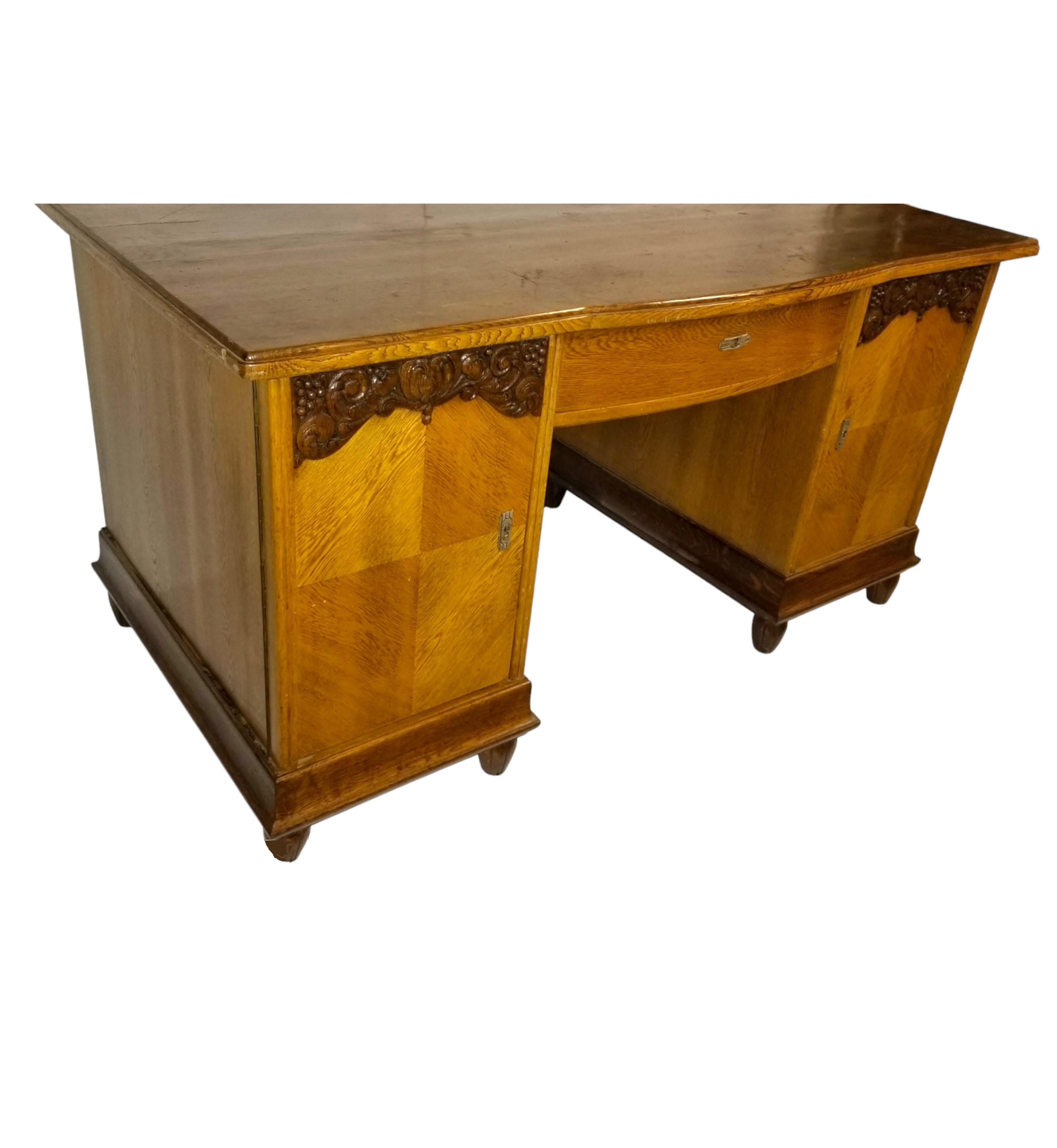 Arts and Crafts 20th Century French Art Deco large Oak Vintage Office Desk / Writing Table  For Sale