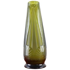vase Legras Art Déco français du 20ème siècle en verre vert olive