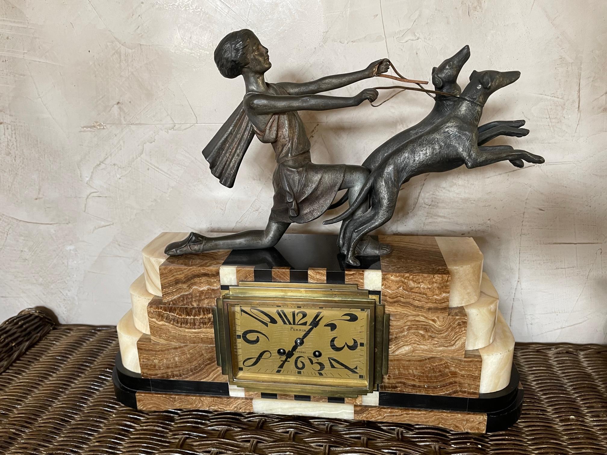 Mid-20th Century 20th Century, French Art Deco Marble Mantel Clock and Candle Holder