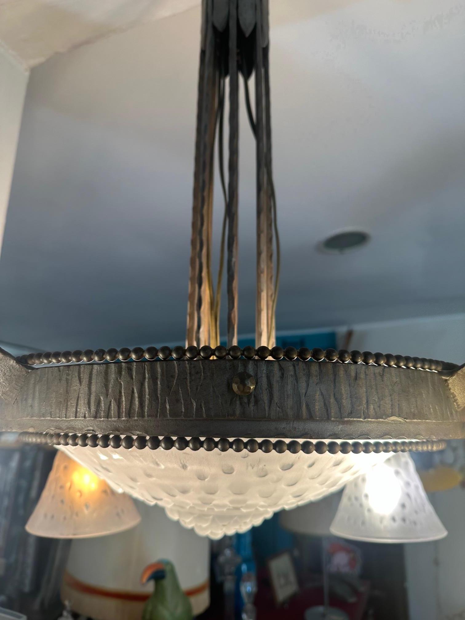 Glass 20th century French Art Deco Muller and Vasseur Wrought Iron Chandelier, 1930s For Sale