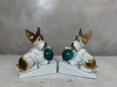 20th century French Art Deco Pair of Porcelain Dogs Bookends, 1930s