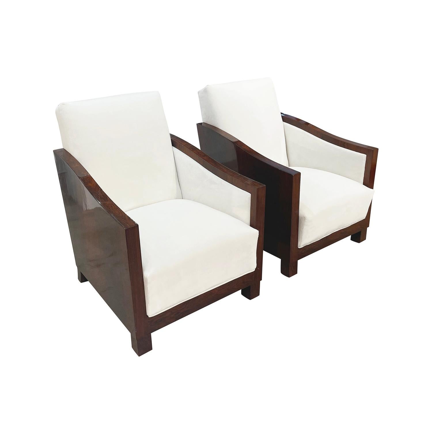 Veneer 20th Century French Art Deco Pair of Vintage Walnut Cocktail Club Chairs