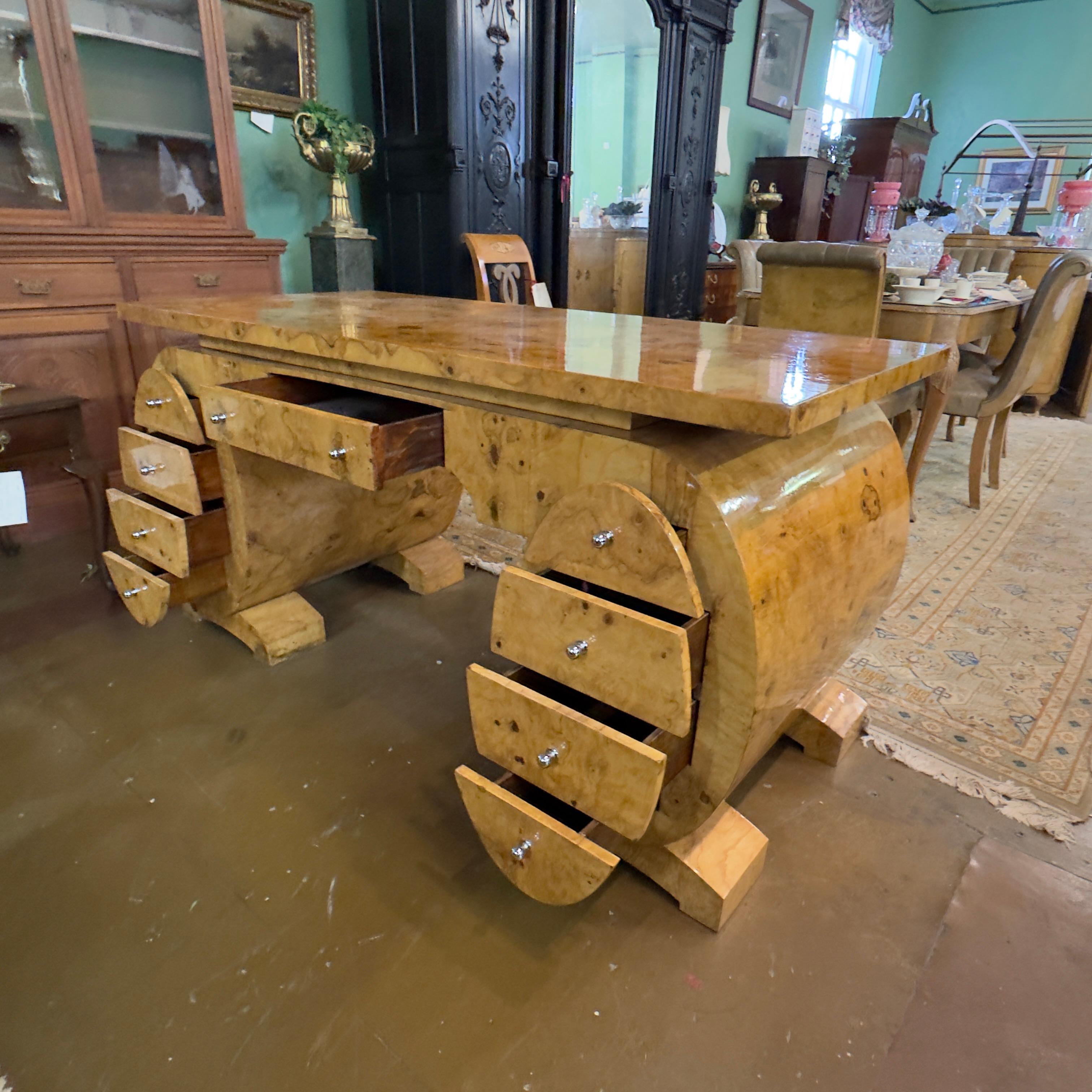 20th Century French Art Deco Pedestal Olive Ash Burl Executive Desk For Sale 4