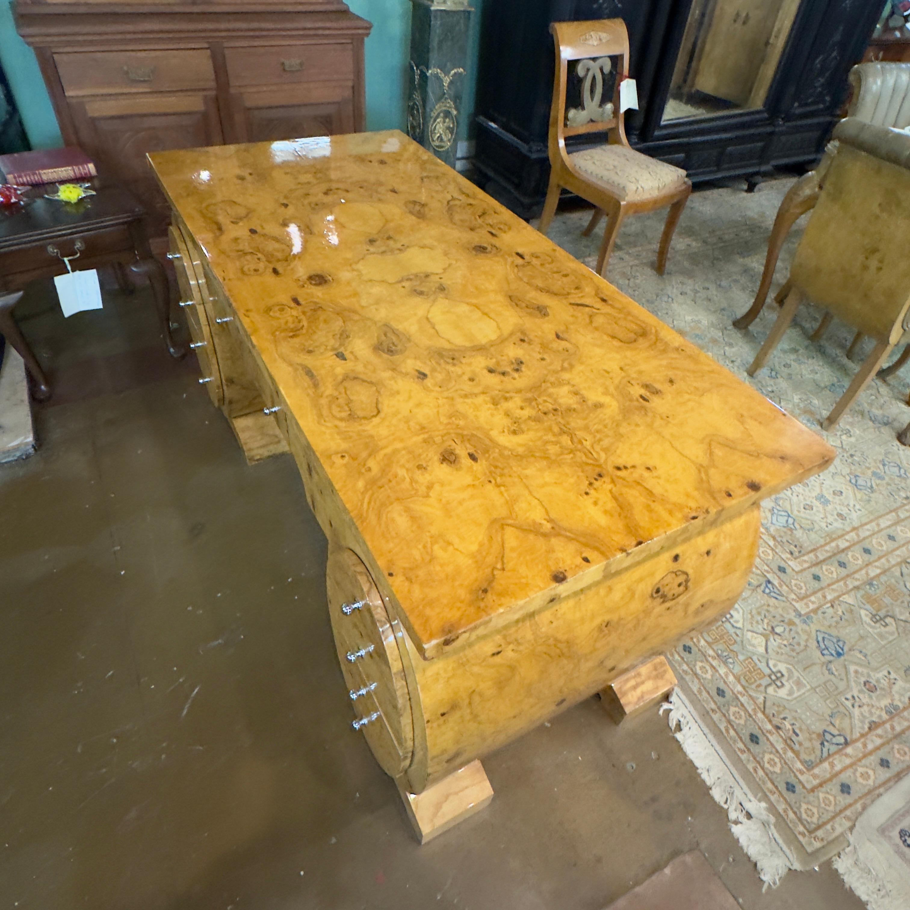20th Century French Art Deco Pedestal Olive Ash Burl Executive Desk For Sale 6