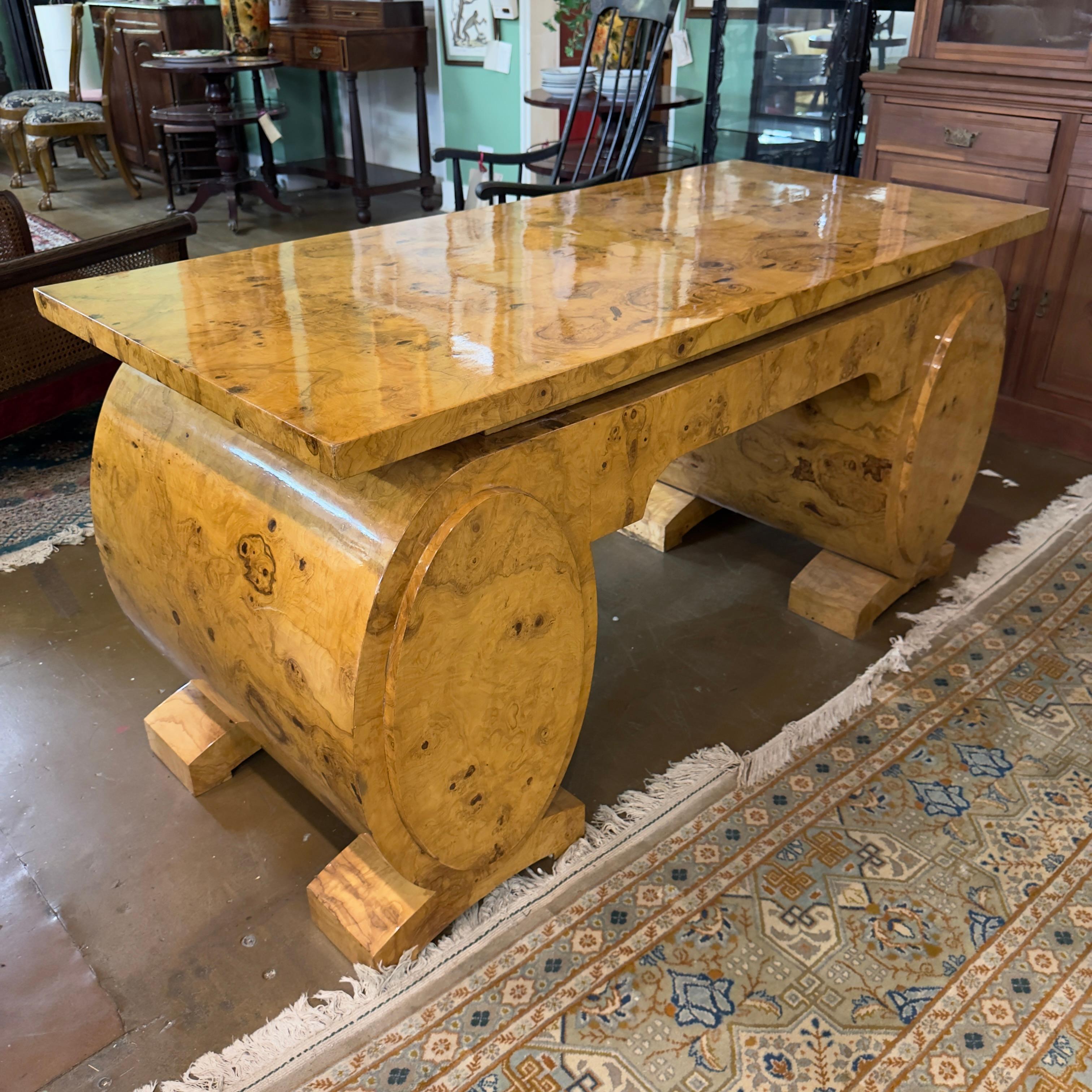 20th Century French Art Deco Pedestal Olive Ash Burl Executive Desk For Sale 7