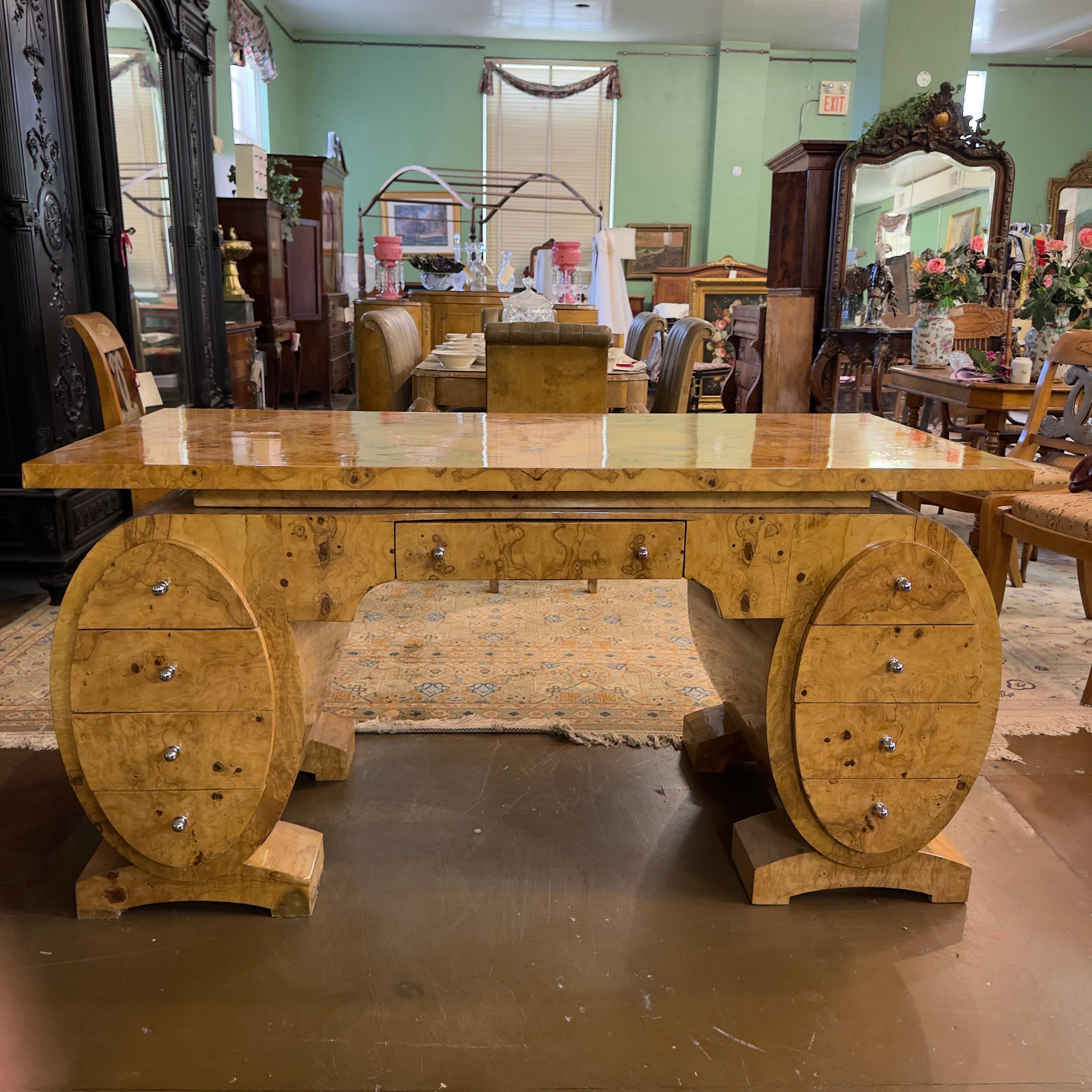 20th Century French Art Deco Pedestal Olive Ash Burl Executive Desk For Sale 9