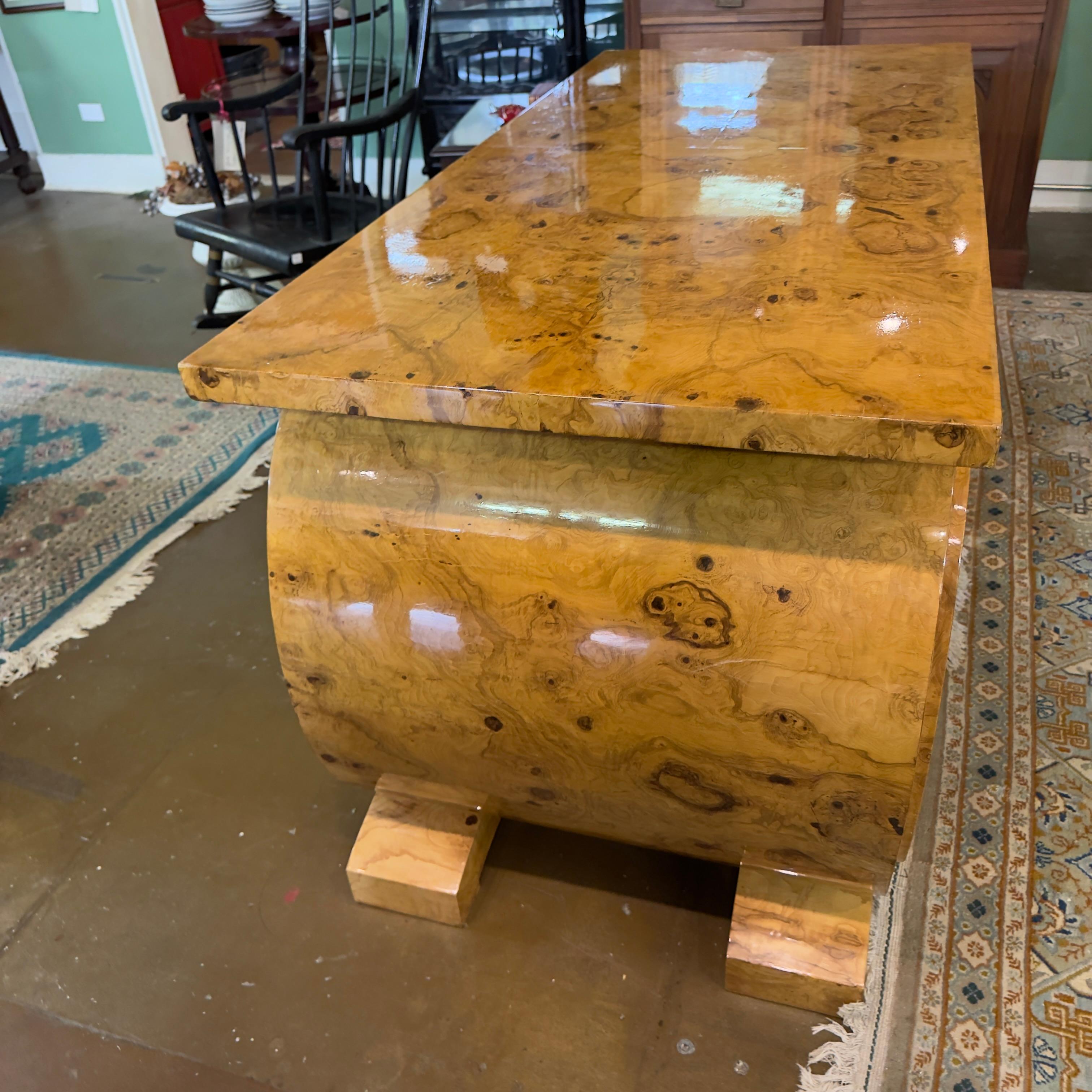 Chrome 20th Century French Art Deco Pedestal Olive Ash Burl Executive Desk For Sale