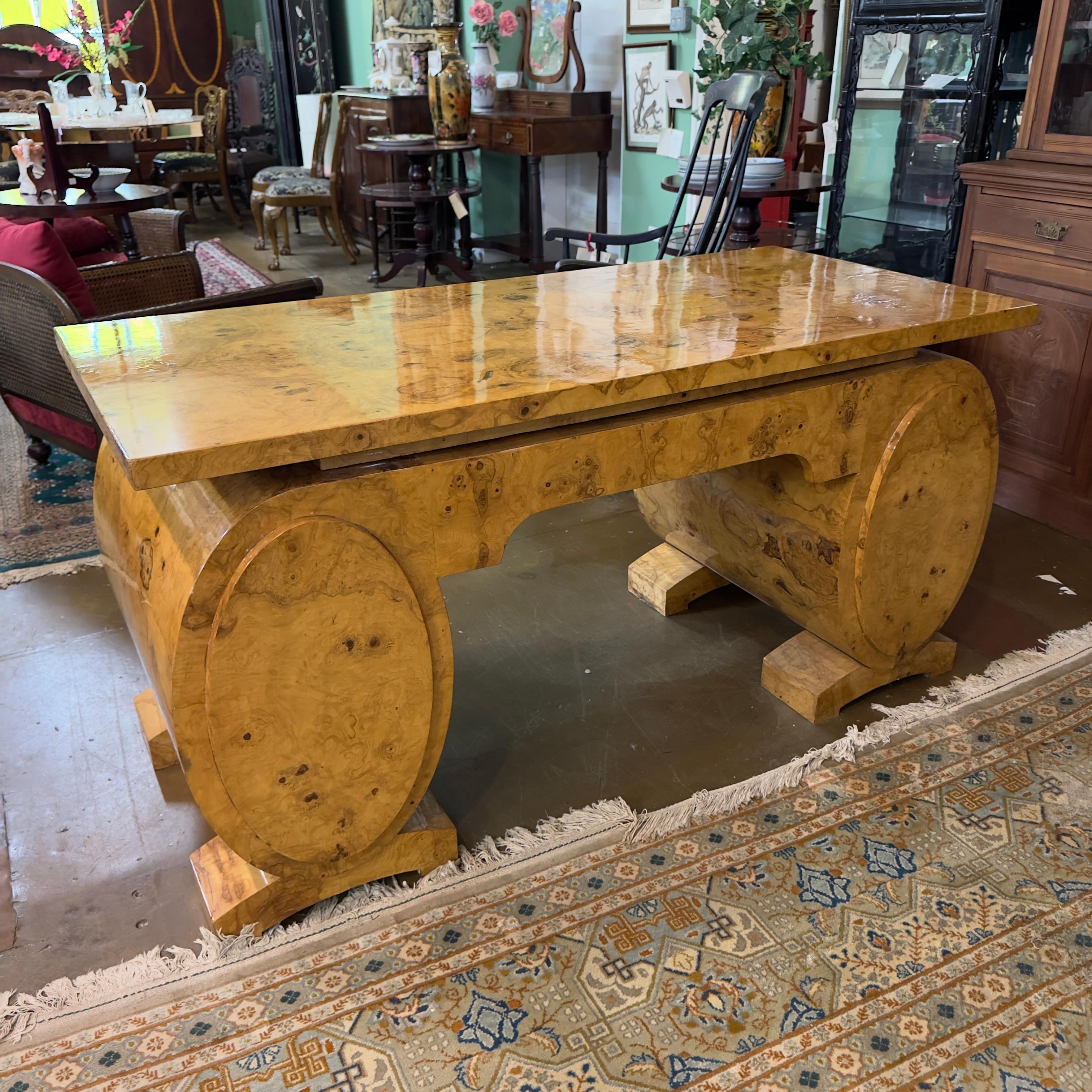 20th Century French Art Deco Pedestal Olive Ash Burl Executive Desk For Sale 1