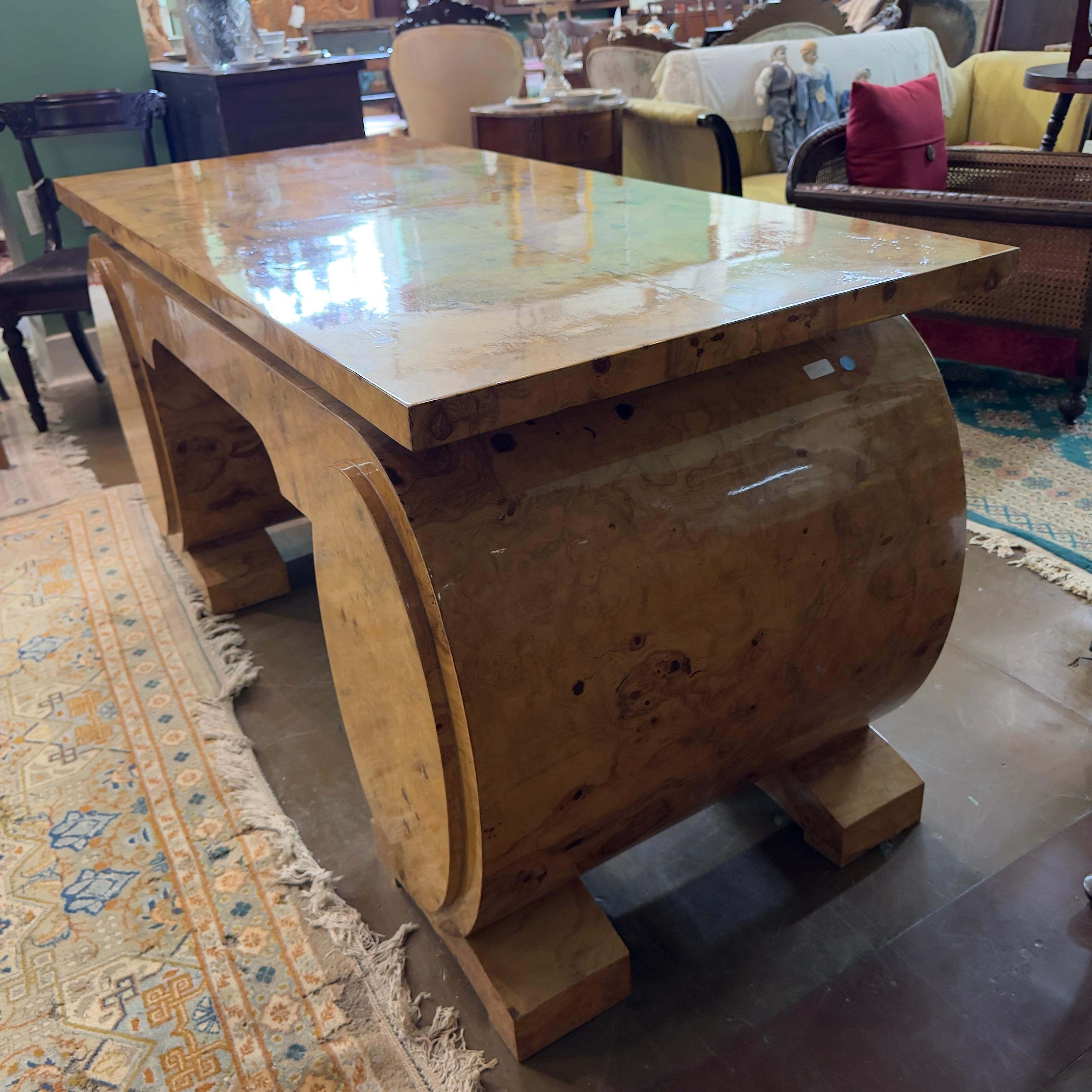 20th Century French Art Deco Pedestal Olive Ash Burl Executive Desk For Sale 2
