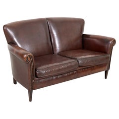 20th Century French Art Deco Settee or Sofa in Original Dark Brown Leather