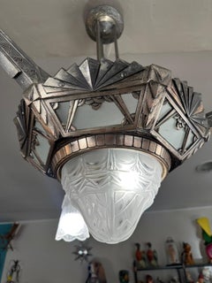 20th century French Art Deco Silver Bronze and Glass Chandelier, 1930s