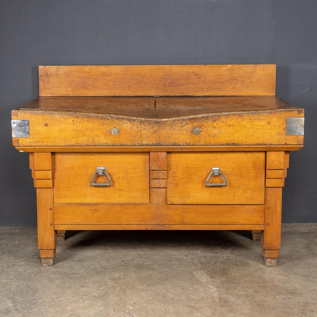 Antique early-20th Century French Art Deco butchers block with all the grace and symmetry of the 1920's. Made from Hornbeam a strong fair hardwood used particularly for chopping blocks and boards although ironically the leaves of the Hornbeam can be