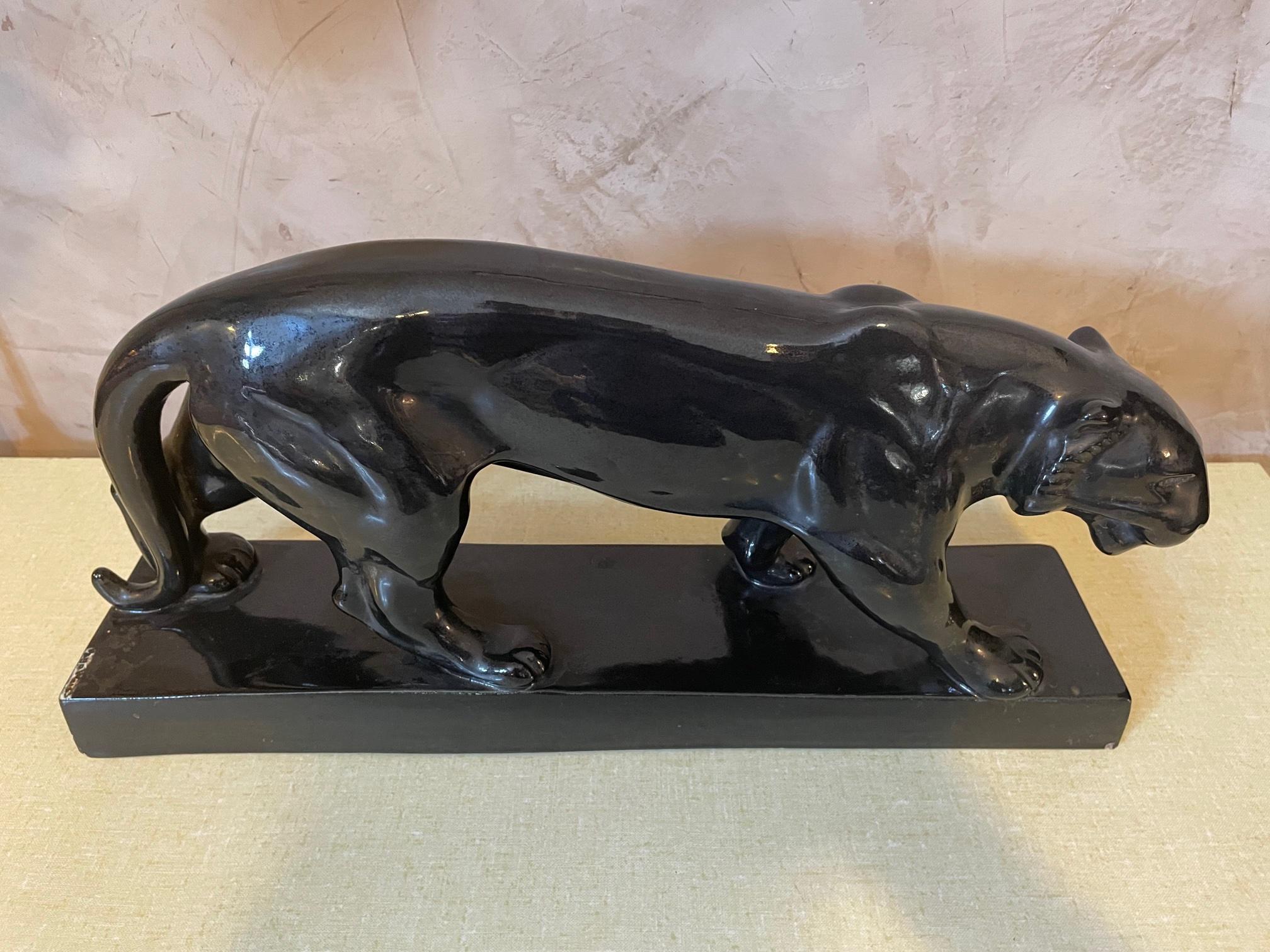 20th Century French Art Deco Style Ceramic Black Panther, 1950s In Good Condition In LEGNY, FR