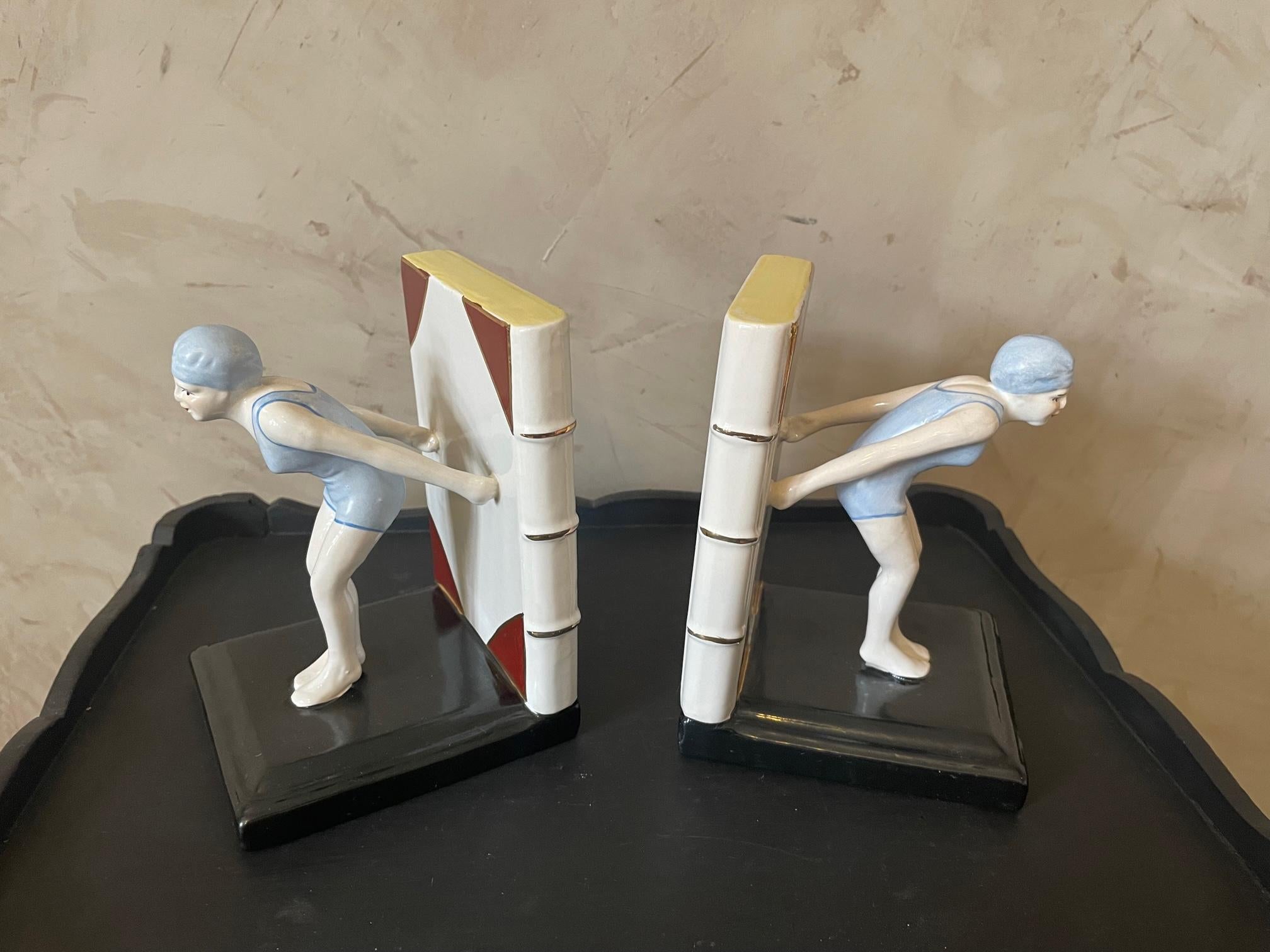 Mid-20th Century 20th Century French Art Deco Style Ceramic Swimmer Women Bookends, 1930s