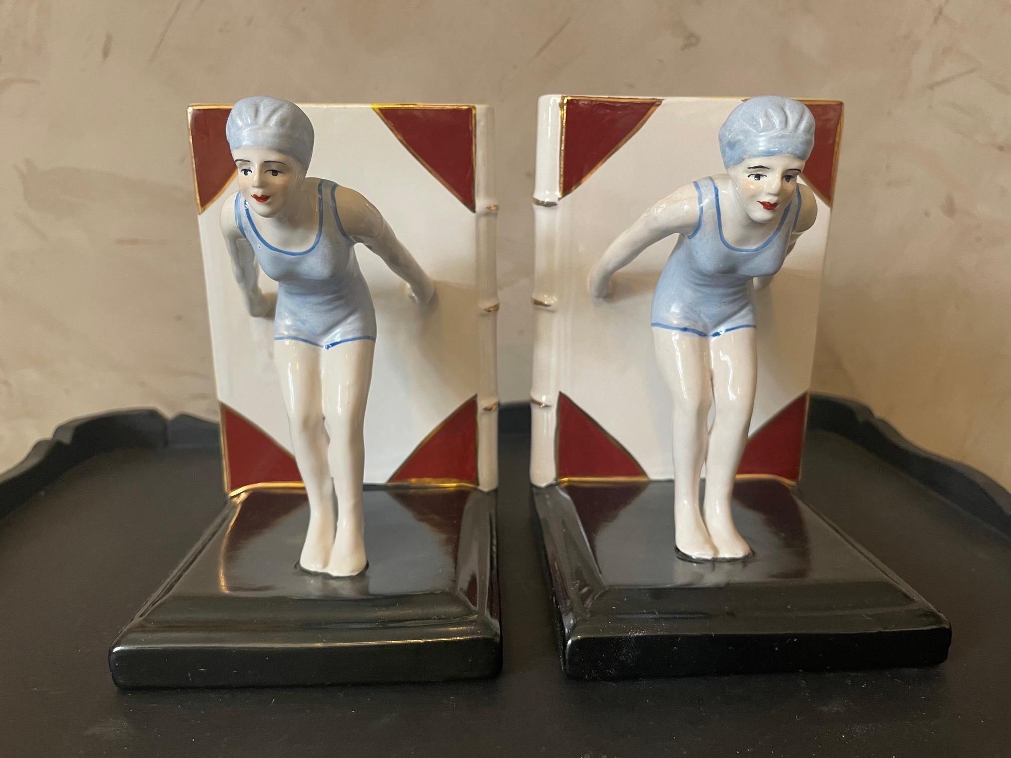 20th Century French Art Deco Style Ceramic Swimmer Women Bookends, 1930s 1
