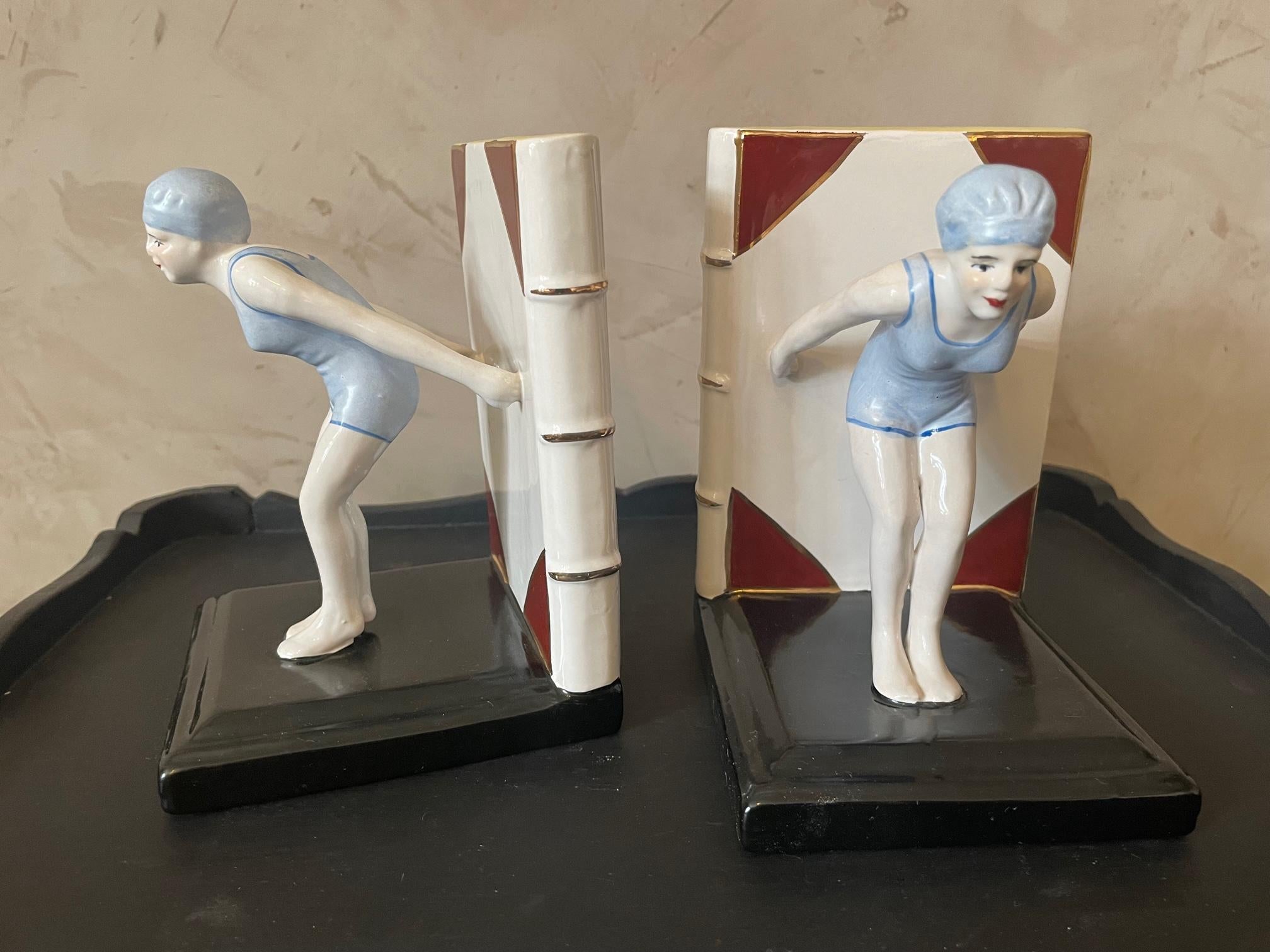 20th Century French Art Deco Style Ceramic Swimmer Women Bookends, 1930s 2