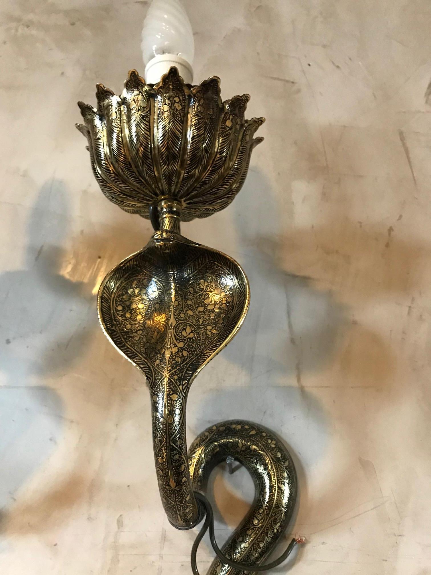 Mid-20th Century 20th Century French Art Deco Style Pair of Brass Snake Sconces, circa 1960s