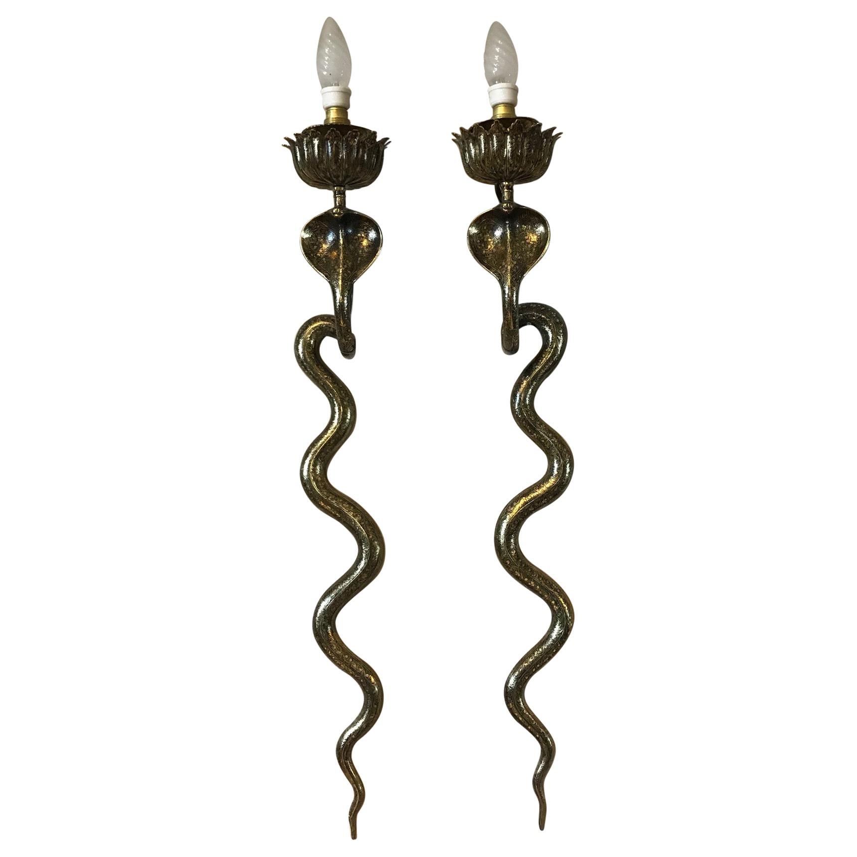 20th Century French Art Deco Style Pair of Brass Snake Sconces, circa 1960s