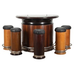 20th Century French Art Deco Style Round Bar with Six Stools