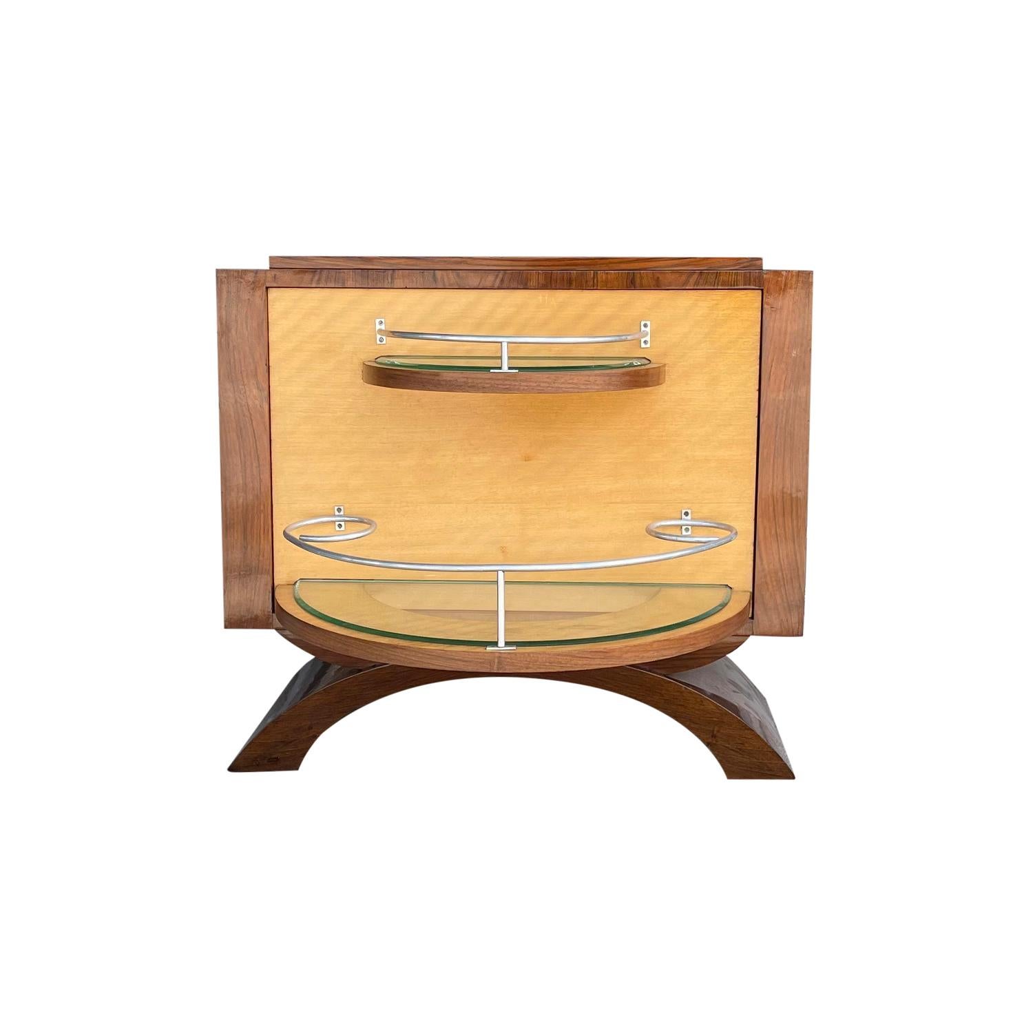 Hand-Crafted 20th Century French Art Deco Walnut Dry Bar - Vintage Parisian Side Table For Sale