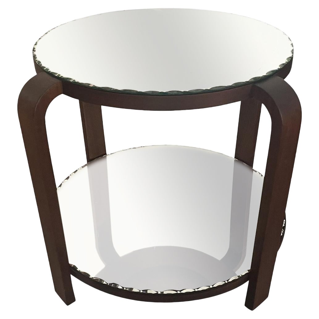 20th Century French Art Deco Walnut Side Table - Vintage Mirror Glass Sofa Table