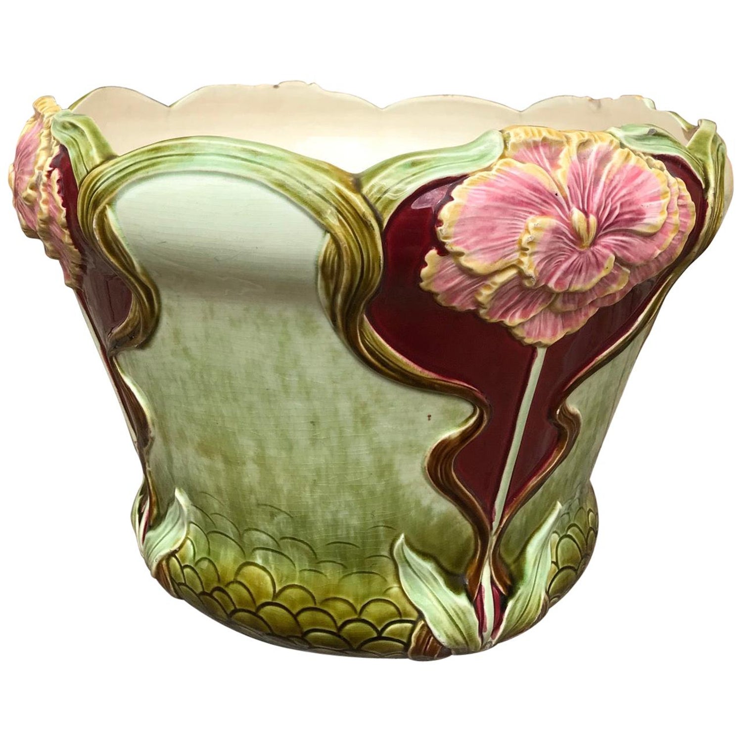 20th Century French Art Nouveau Flowers Barbotine Cachepot 1900s For Sale At 1stdibs
