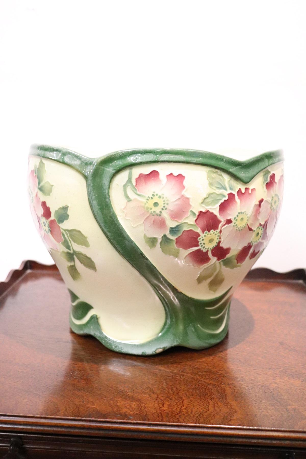 Hand-Painted 20th Century French Art Nouveau Hand Painted Ceramic Cachepot Vase, 1920s