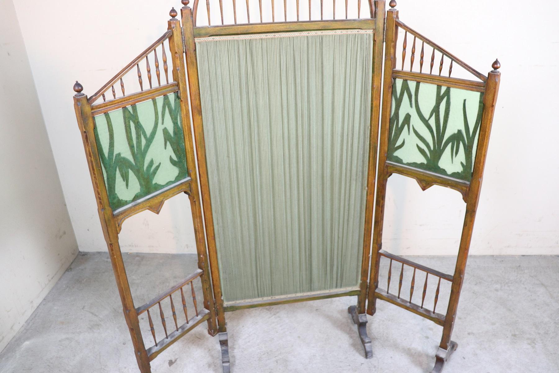 20th Century French Art Nouveau in Wood Colored Glass and Fabric Screen 2