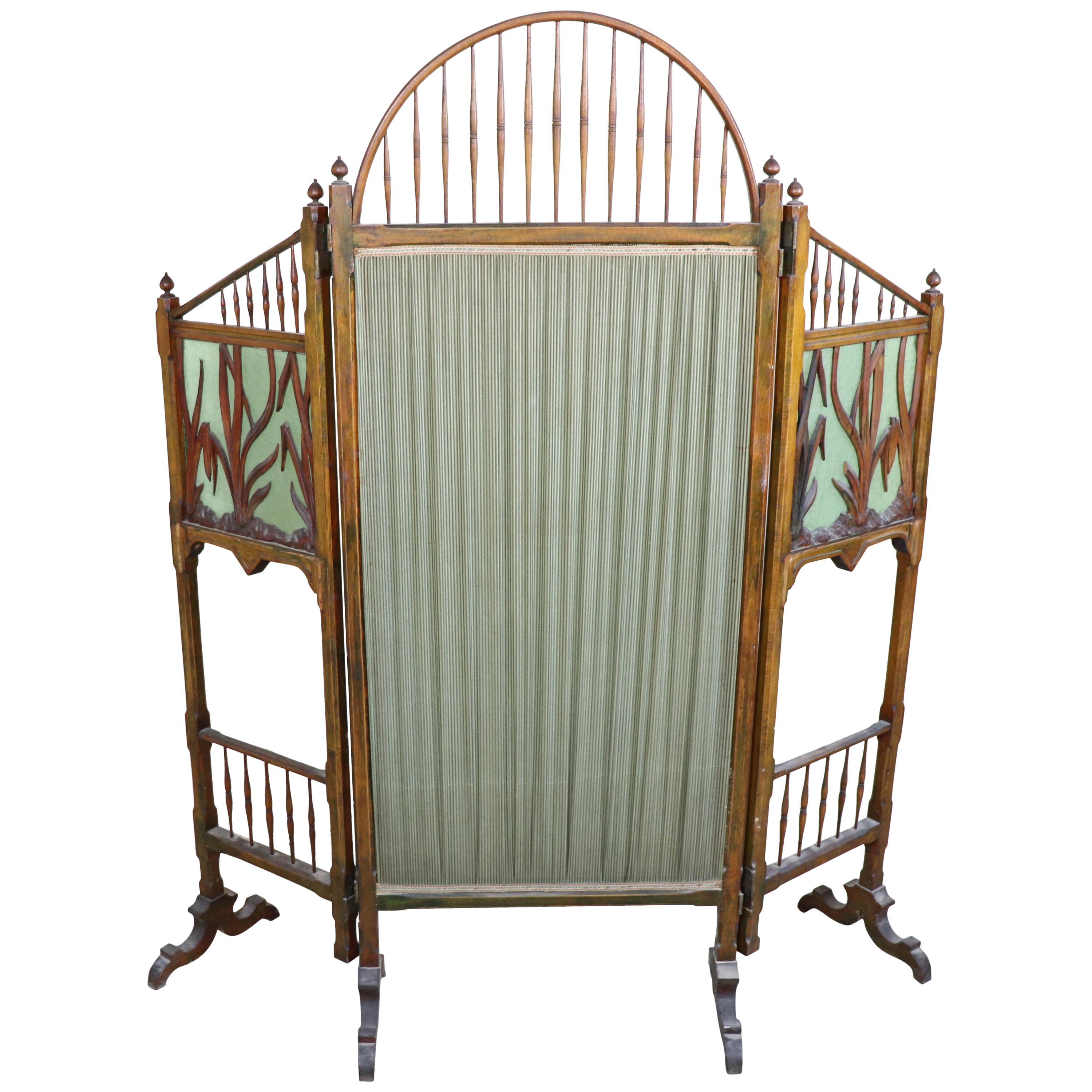 20th Century French Art Nouveau in Wood Colored Glass and Fabric Screen