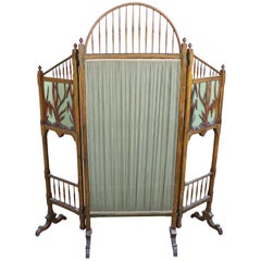 20th Century French Art Nouveau in Wood Colored Glass and Fabric Screen