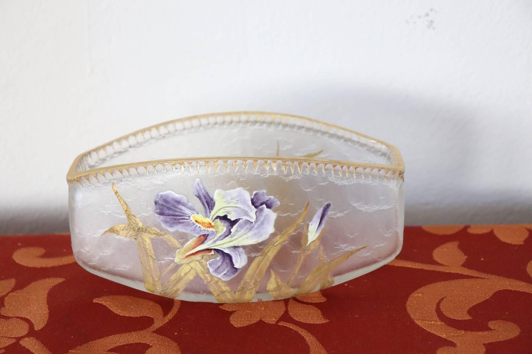 Important and refined French big vase in transparent glass with enameled violet flowers and gold decoration. A true work of glass art!
The vase is signed.
Below the base is the shield with St. Denis and signature Mont Joye L C (Legras and C).
 