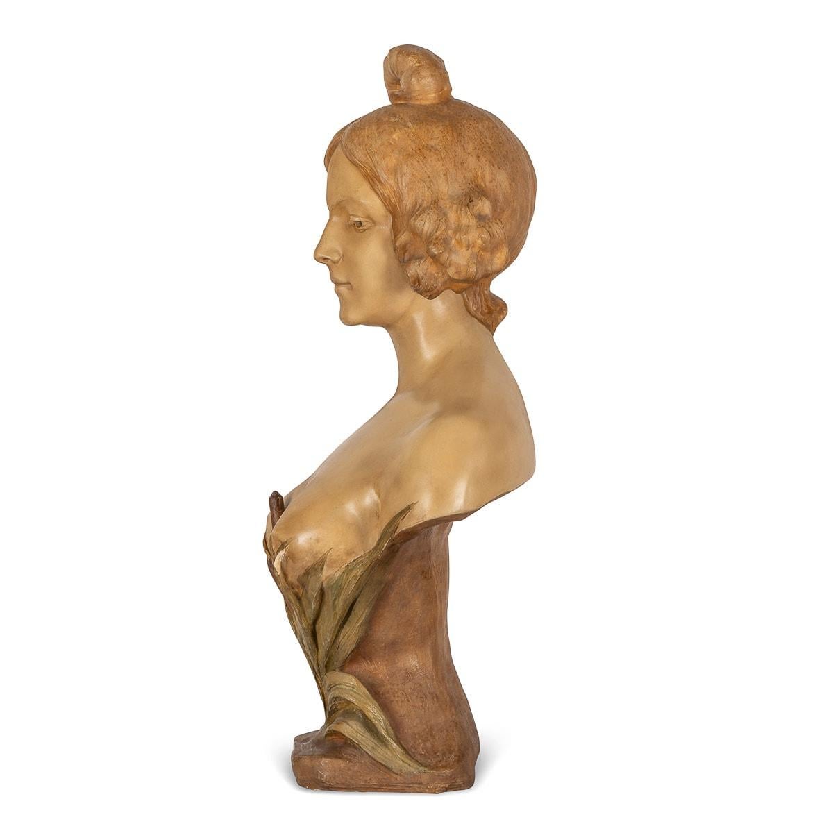 Antique early-20th Century French Art Nouveau terracotta sculpture of a female bust. This sculpture is beautifully made with fine detail and with a lovely patination. Signed by the Italian artist A.Gory (Affortunato Gory 1895-1930). Italian sculptor