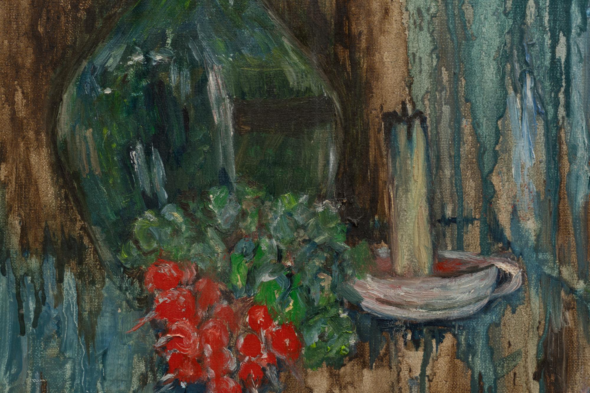 This captivating 20th Century French artwork is a study in contrasts, blending rustic textures with delicate details. The piece features a weathered backdrop, on which sits a translucent green bottle and a small, candle holder, seemingly abandoned