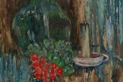 20th Century French Metal Artwork, Green Bottle & Red Flowers, Framed