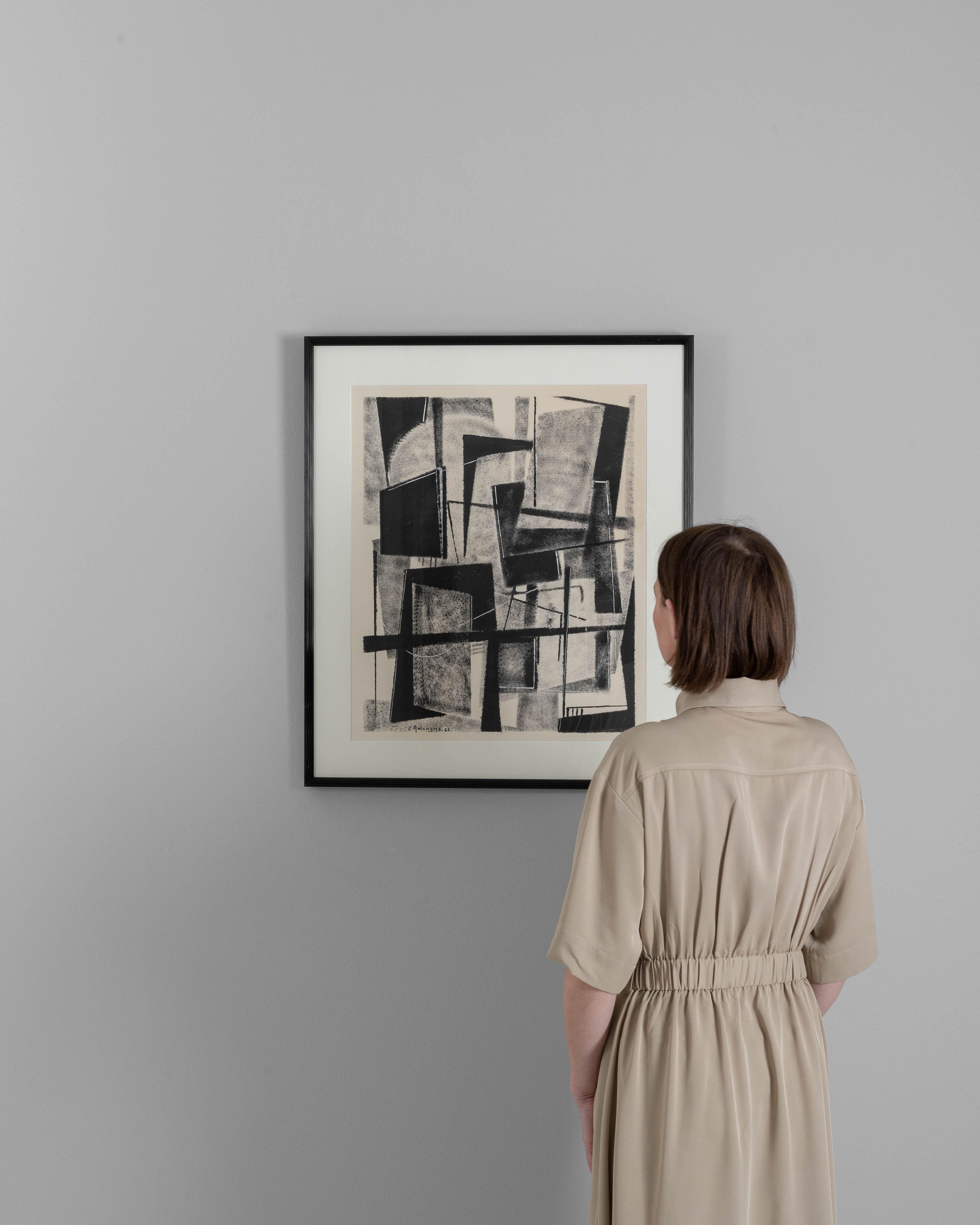This 20th-century French artwork exudes a geometric abstraction that captures the viewer's eye, masterfully framed in a refined wooden border that enhances its artistic statement. The monochromatic palette is a study in contrast and composition,